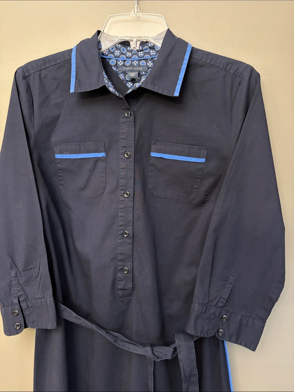 Tommy Hilfiger Women’s Navy Midi Shirt Dress with Bright Blue Trim - Size M - Picture 5 of 11